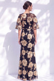 Vestido Longo de Mãe da Noiva com Sereias Azul-Marinho e Folhos Florais com Mangas Curtas