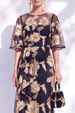 Vestido Longo de Mãe da Noiva com Sereias Azul-Marinho e Folhos Florais com Mangas Curtas