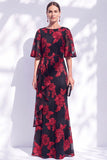 Vestido Longo de Mãe da Noiva com Sereias Azul-Marinho e Folhos Florais com Mangas Curtas
