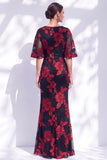 Vestido Longo de Mãe da Noiva com Sereias Azul-Marinho e Folhos Florais com Mangas Curtas