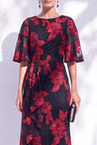 Vestido Longo de Mãe da Noiva com Sereias Azul-Marinho e Folhos Florais com Mangas Curtas