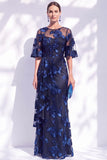 Vestido Longo de Mãe da Noiva com Sereias Azul-Marinho e Folhos Florais com Mangas Curtas