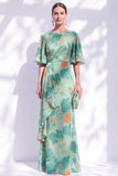 Vestido de mãe da noiva com decote longo e franzido em forma de sereia verde sálvia