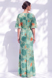 Vestido de mãe da noiva com decote longo e franzido em forma de sereia verde sálvia