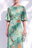 Vestido de mãe da noiva com decote longo e franzido em forma de sereia verde sálvia