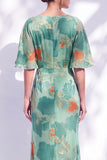 Vestido de mãe da noiva com decote longo e franzido em forma de sereia verde sálvia