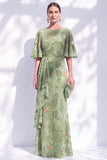 Vestido de mãe da noiva com decote longo e franzido em forma de sereia verde sálvia