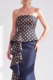 Vestido Longo de Mãe da Noiva com Pontinhos Dourados Sem Alças