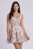 Vestido de Graduação Mini Corset Floral em Marfim, Linha Quadrada, Decote Quadrado