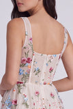 Vestido de Graduação Mini Corset Floral em Marfim, Linha Quadrada, Decote Quadrado