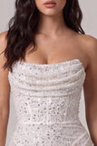 Espartilho bodycon sem alças Pequeno vestido branco com lantejoulas