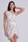 Vestido Branco Pequeno Bodycon Floral de Um Ombro com Laço
