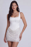 Bodycon Corset, lantejoulas, decote quadrado, vestido branco pequeno com renda nas costas