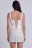 Bodycon Corset, lantejoulas, decote quadrado, vestido branco pequeno com renda nas costas