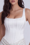 Bodycon Corset, lantejoulas, decote quadrado, vestido branco pequeno com renda nas costas