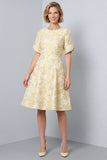 Vestido de trabalho midi floral de gola redonda amarelo claro A-Line