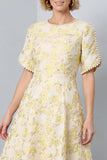 Vestido de trabalho midi floral de gola redonda amarelo claro A-Line