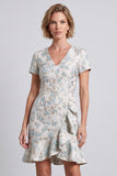 Mini-vestido de trabalho Bodycon Floral Bodycon Folhos Azul Claro, Decote em V, com Mangas Curtas
