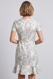 Mini-vestido de trabalho Bodycon Floral Bodycon Folhos Azul Claro, Decote em V, com Mangas Curtas