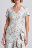 Mini-vestido de trabalho Bodycon Floral Bodycon Folhos Azul Claro, Decote em V, com Mangas Curtas