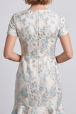 Mini-vestido de trabalho Bodycon Floral Bodycon Folhos Azul Claro, Decote em V, com Mangas Curtas