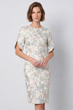 Bodycon vestido de trabalho midi floral azul claro de decote redondo com mangas curtas