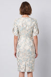 Bodycon vestido de trabalho midi floral azul claro de decote redondo com mangas curtas