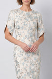 Bodycon vestido de trabalho midi floral azul claro de decote redondo com mangas curtas