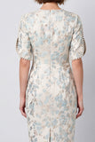 Bodycon vestido de trabalho midi floral azul claro de decote redondo com mangas curtas