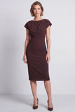 Vestido de trabalho Midi Bodycon castanho com gola redonda e decote franzido