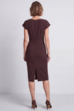 Vestido de trabalho Midi Bodycon castanho com gola redonda e decote franzido