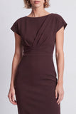 Vestido de trabalho Midi Bodycon castanho com gola redonda e decote franzido