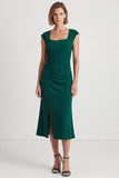 Vestido de trabalho midi verde verde escuro com decote quadrado e mangas franzidas