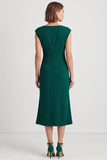 Vestido de trabalho midi verde verde escuro com decote quadrado e mangas franzidas
