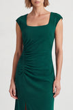 Vestido de trabalho midi verde verde escuro com decote quadrado e mangas franzidas