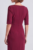 Vestido de trabalho midi de decote quadrado, decote quadrado e franzido, mangas meias, com abertura azul-marinho