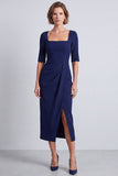 Vestido de trabalho midi de decote quadrado, decote quadrado e franzido, mangas meias, com abertura azul-marinho