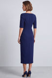 Vestido de trabalho midi de decote quadrado, decote quadrado e franzido, mangas meias, com abertura azul-marinho