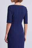 Vestido de trabalho midi de decote quadrado, decote quadrado e franzido, mangas meias, com abertura azul-marinho