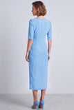 Vestido de trabalho midi de decote quadrado, decote quadrado e franzido, mangas meias, com abertura azul-marinho