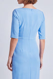 Vestido de trabalho midi de decote quadrado, decote quadrado e franzido, mangas meias, com abertura azul-marinho