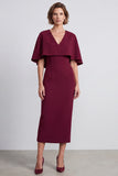 Vestido de trabalho Midi Bodycon Bodycon Borgonha com Cape