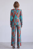 Fato feminino azul e vermelho de 2 peças, com decote em V,