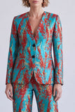 Fato feminino azul e vermelho de 2 peças, com decote em V,