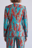 Fato feminino azul e vermelho de 2 peças, com decote em V,
