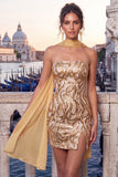 Vestido Curto de Regresso a Casa Curto Bodycon Sem Lantejoulas Douradas Bodycon com Fenda