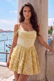 Vestido de regresso a casa, Espartilho amarelo, alças finas florais franzidas, A-line com bordas