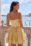 Vestido de regresso a casa, Espartilho amarelo, alças finas florais franzidas, A-line com bordas