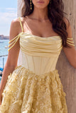 Vestido de regresso a casa, Espartilho amarelo, alças finas florais franzidas, A-line com bordas