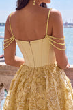 Vestido de regresso a casa, Espartilho amarelo, alças finas florais franzidas, A-line com bordas